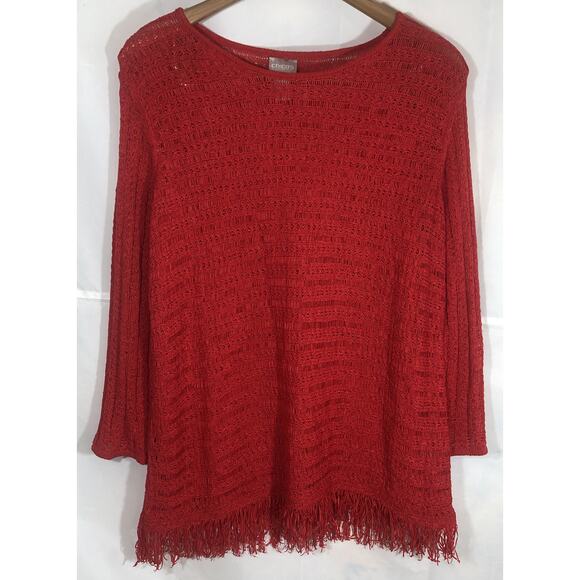 Chicos Top Loose Knit Fringe Semi Sheer Long Sleeve Red Top Size 2 - Picture 1 of 8
